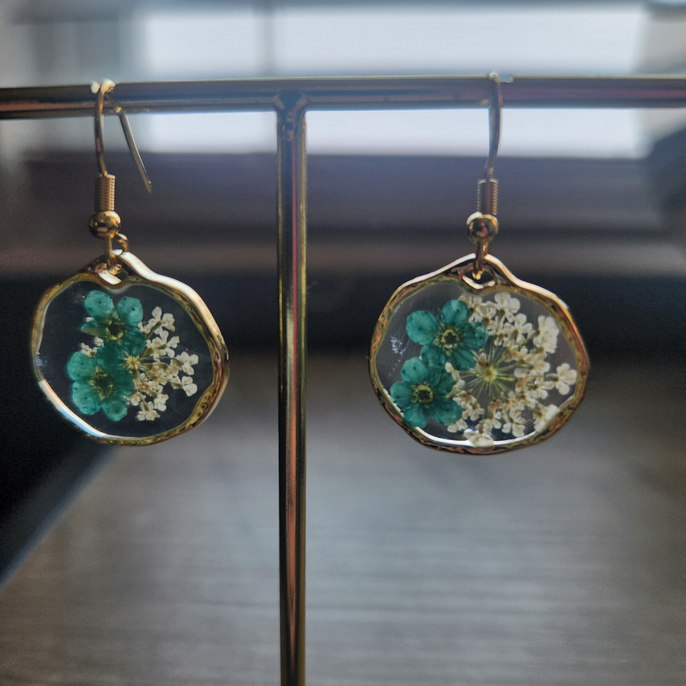 Gold and Green Floral Drop Earrings